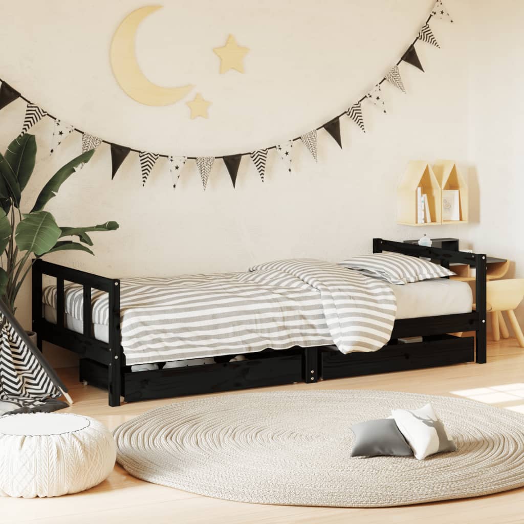 Kids Bed Frame with Drawers Solid Wood Pine Black 90 cm 200 cm
