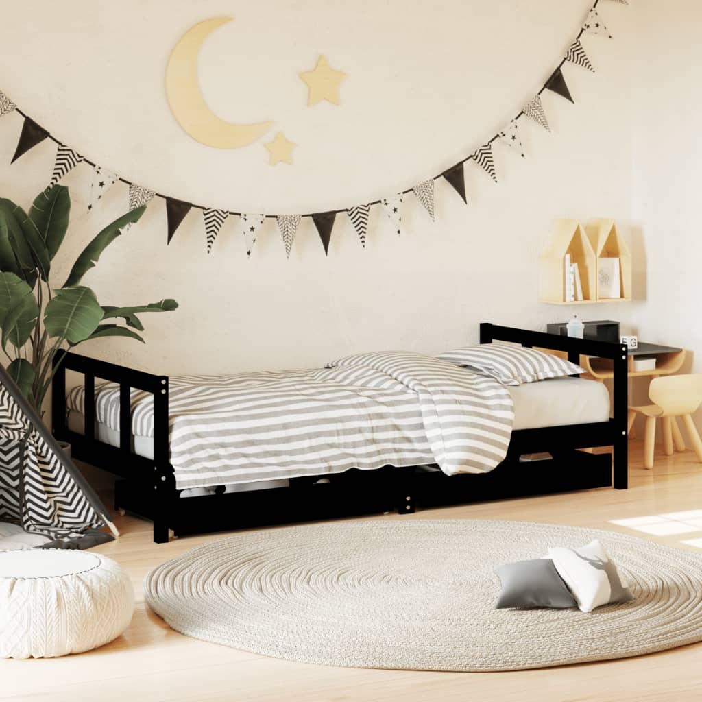 Kids Bed Frame with Drawers Solid Wood Pine Black 90 cm 190 cm