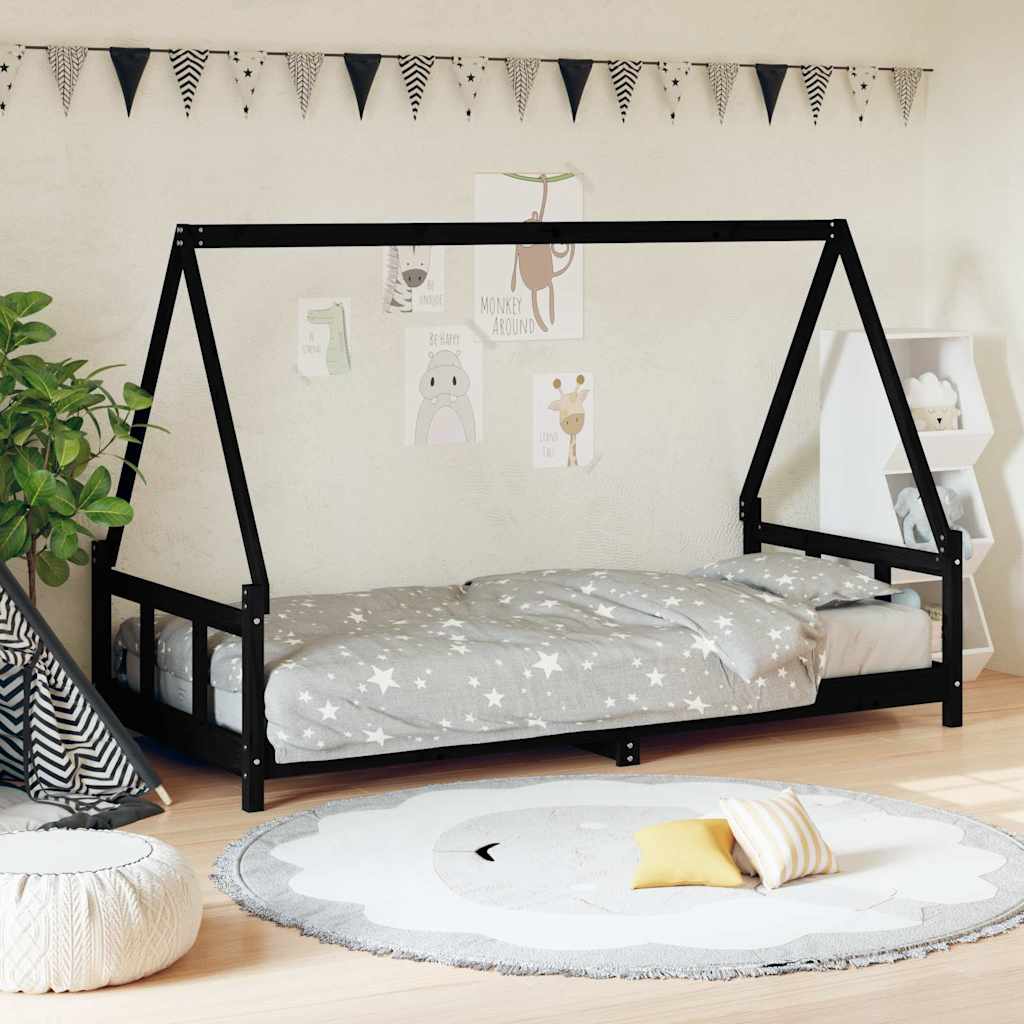 Kids Bed Frame Solid Wood Pine Black 90 cm 200 cm