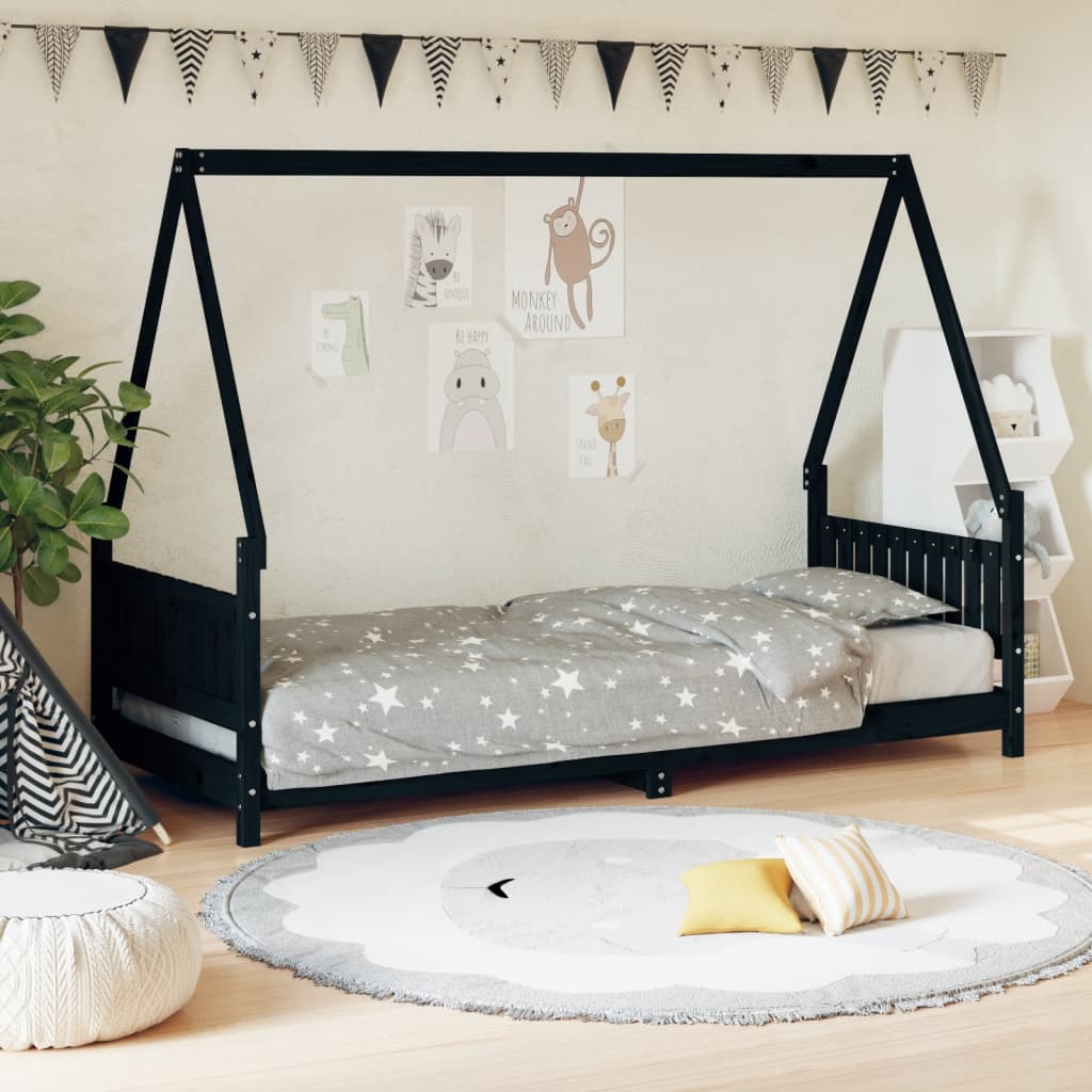 Kids Bed Frame Solid Wood Pine Black 80 cm 200 cm