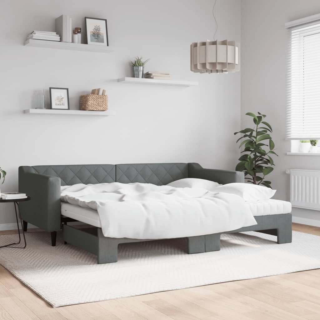 Day Bed 90x190 cm Fabric Dark grey With trundle & mattress