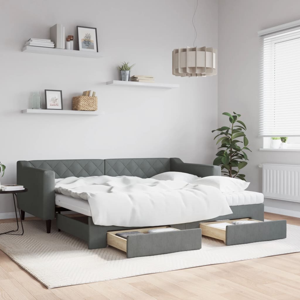 Day Bed 90x190 cm Fabric Dark grey With trundle & drawer & mattress