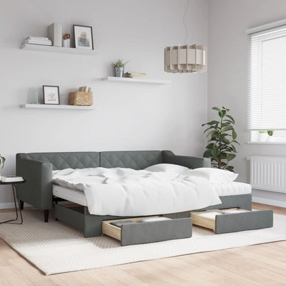 Day Bed 90x190 cm Fabric Dark grey With trundle & drawer & mattress