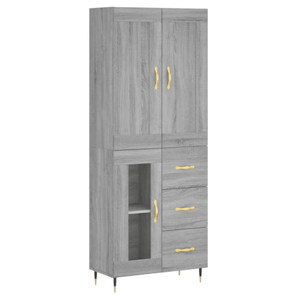 Highboard 69.5x34x180 cm Engineered Wood 1 Glass Door 3 Drawers Grey sonoma