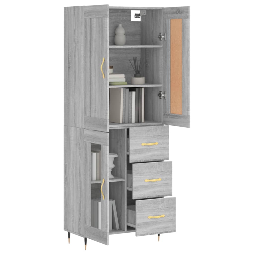 Highboard 69.5x34x180 cm Engineered Wood 1 Glass Door 3 Drawers Grey sonoma