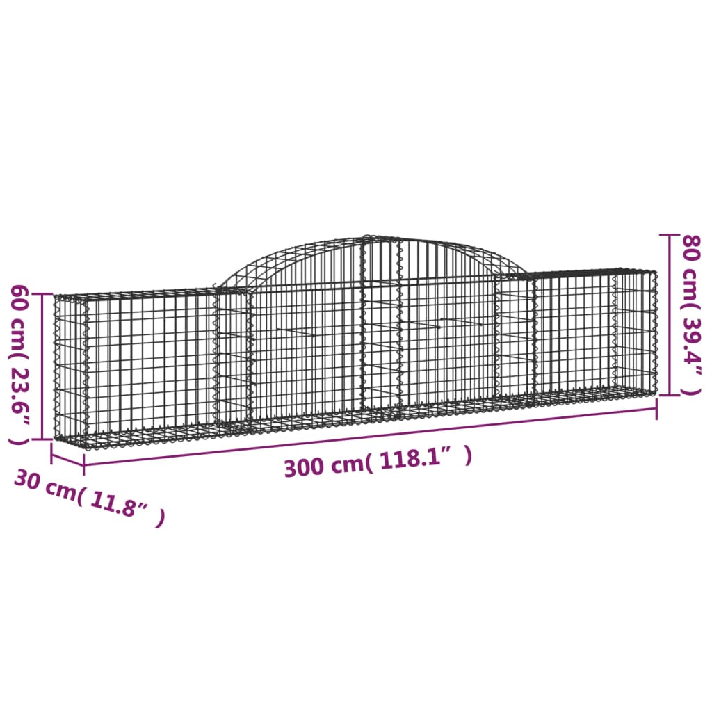 vidaXL Arched Gabion Baskets 2 pcs 300x30x60/80 cm Galvanised Iron 6