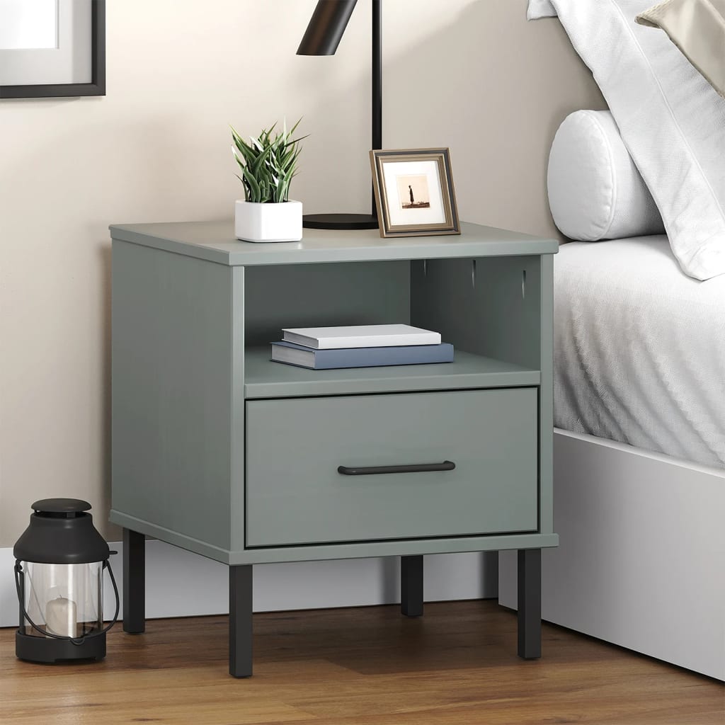 vidaXL Bedside Cabinet with Metal Legs Grey Solid Wood Pine OSLO 1