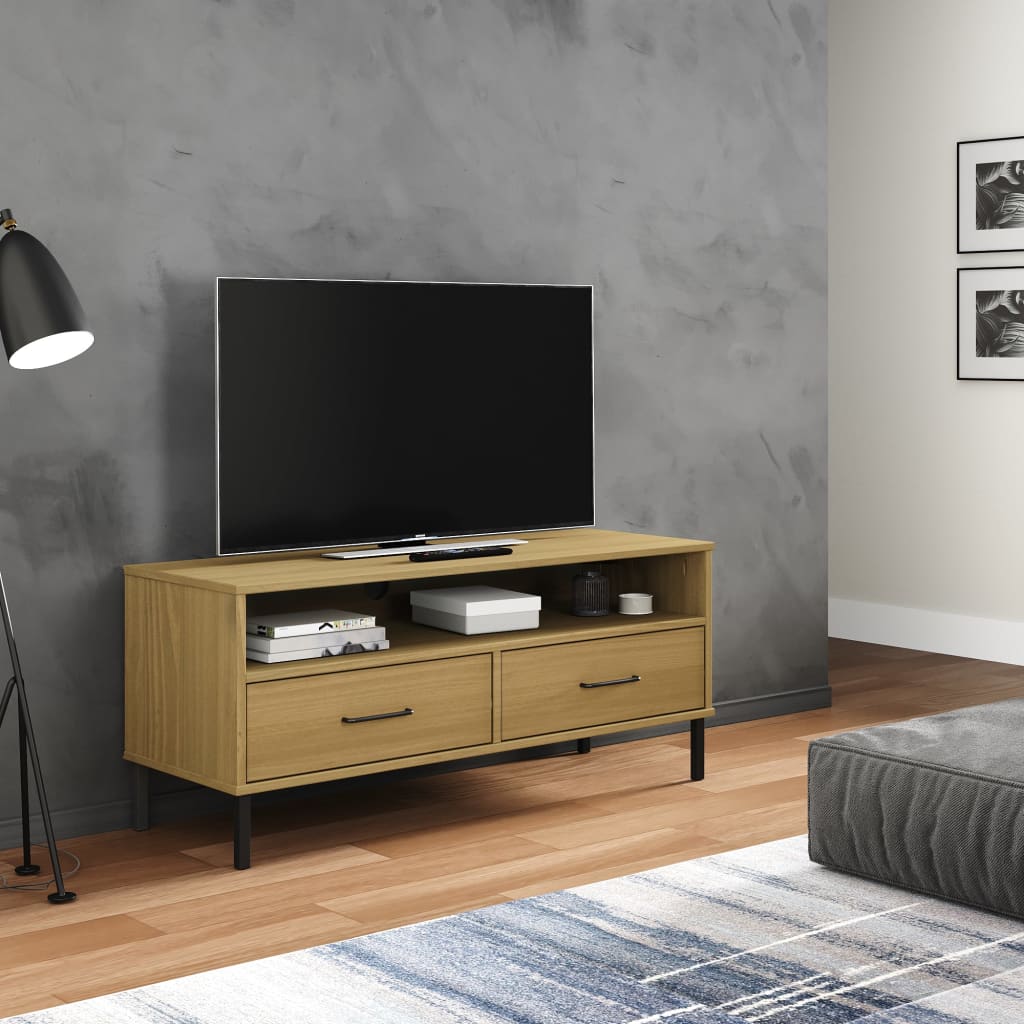 vidaXL TV Cabinet with Metal Legs Brown Solid Wood Pine OSLO 1