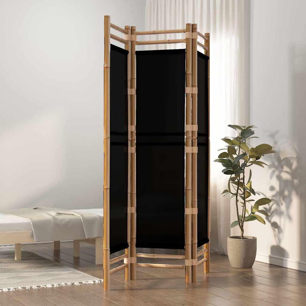 Folding 3-Panel Room Divider 120 cm Bamboo and Canvas Black 120 x 180 cm