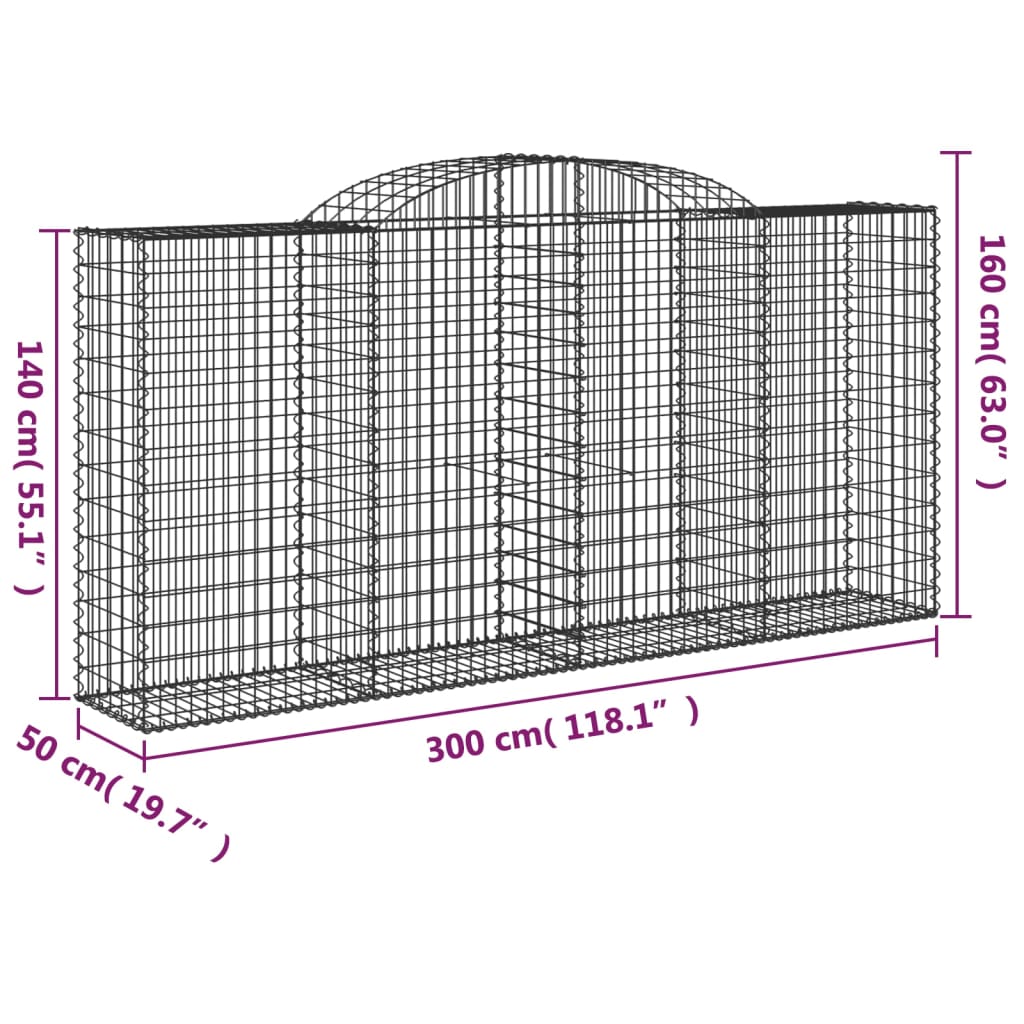 vidaXL Arched Gabion Basket 300x50x140/160 cm Galvanised Iron 5