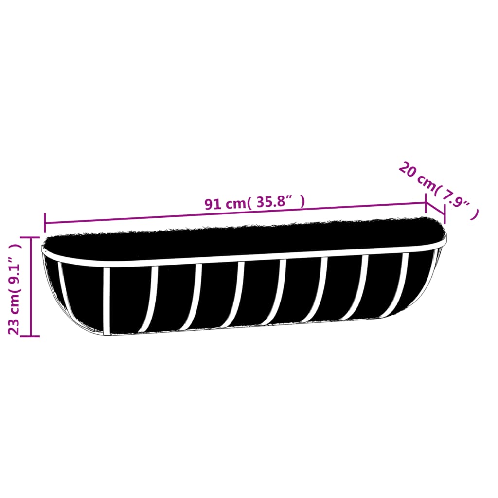 vidaXL Wall Troughs 2 pcs with Coco Liners Black 91x20x23 cm Steel 6