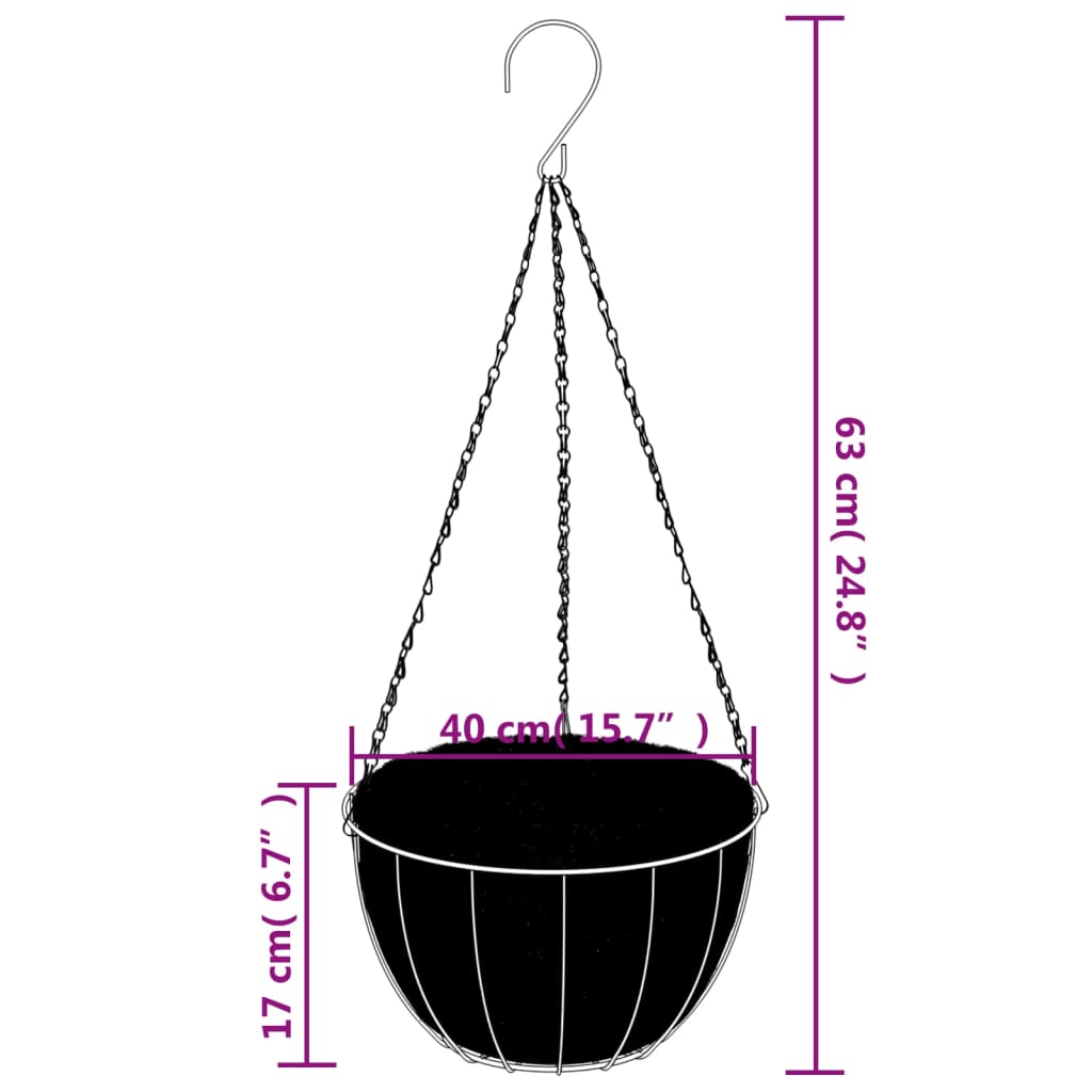 vidaXL Hanging Planters 4 pcs with Coco Liners Black Ø 40x63 cm Steel 6