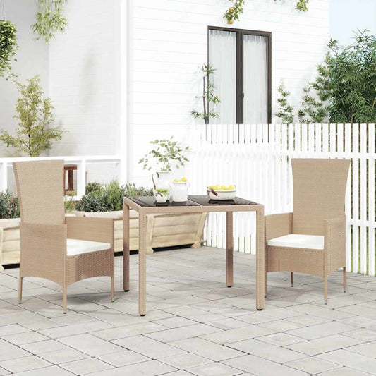 Garden Table with Top Poly Rattan Glass Beige 90 x 90 x 75 cm