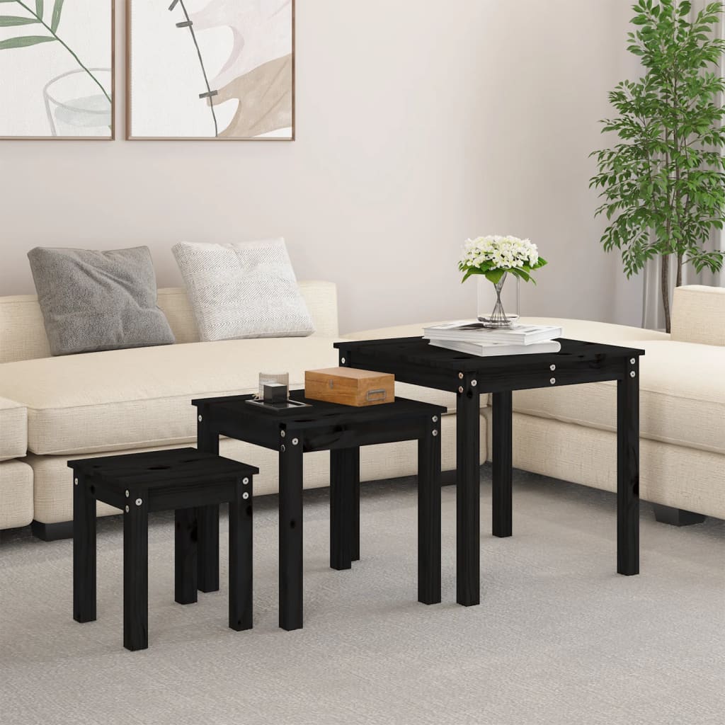 vidaXL Nesting Tables 3 pcs Black Solid Wood Pine 1