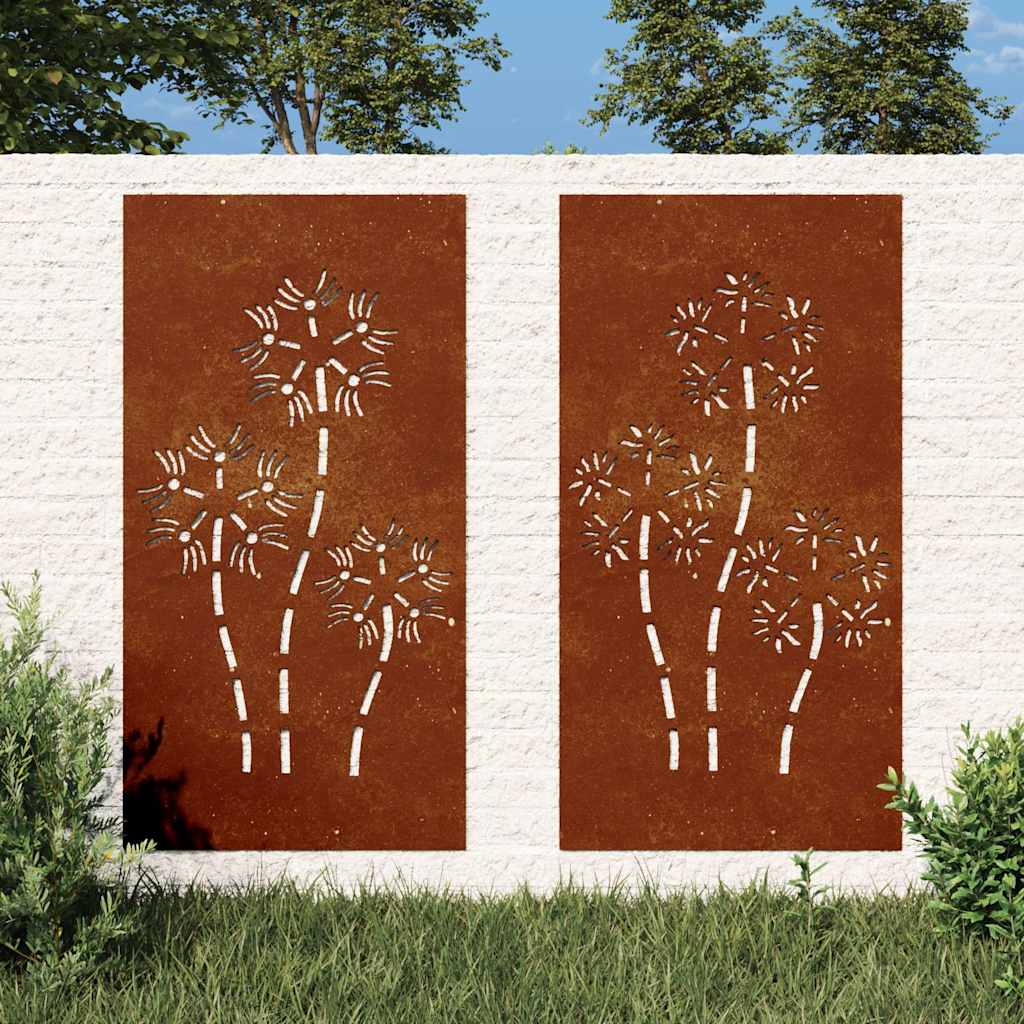 vidaXL Garden Wall Decorations 2pcs 105x55cm Corten Steel Flower Design 1