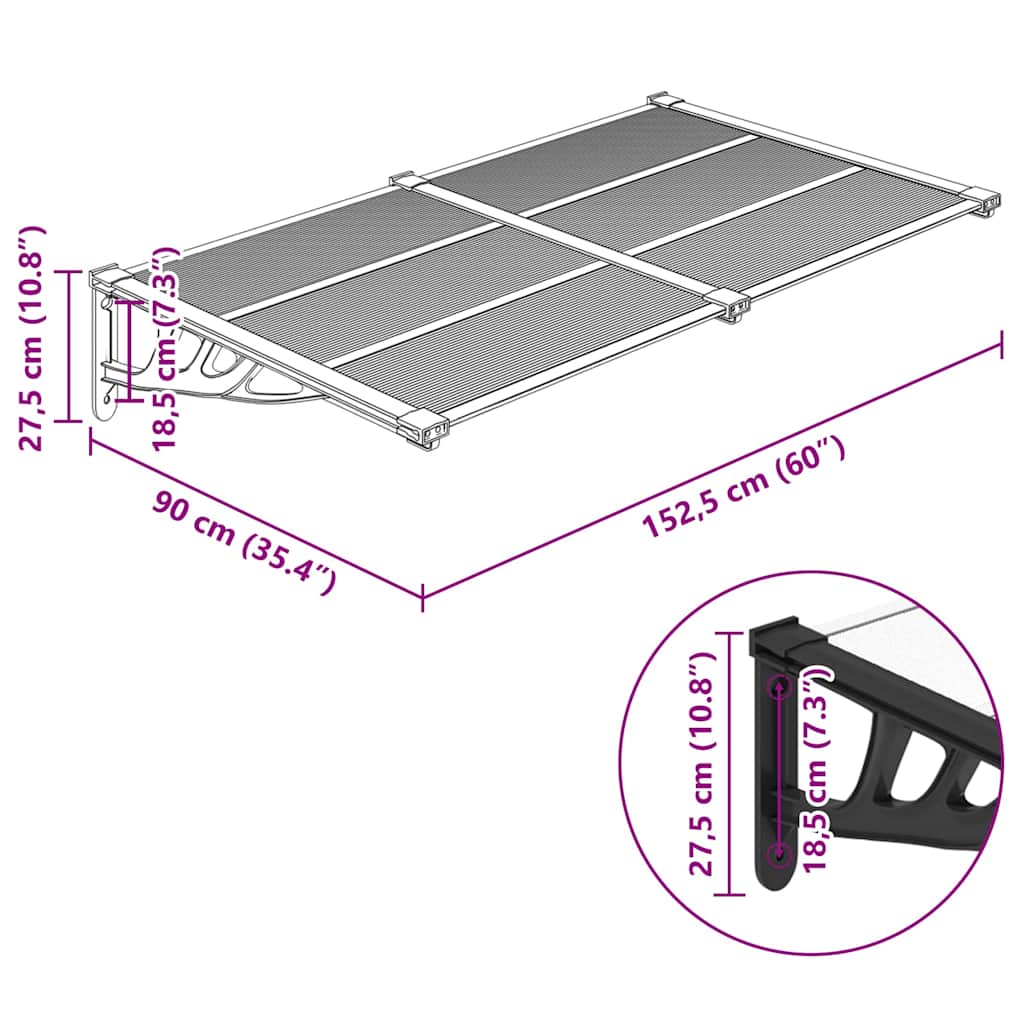 vidaXL Door Canopy Black and Transparent 152,5x90 cm Polycarbonate 6