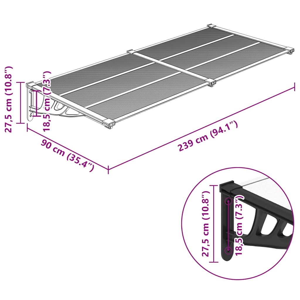 vidaXL Door Canopy Black and Transparent 239x90 cm Polycarbonate 6