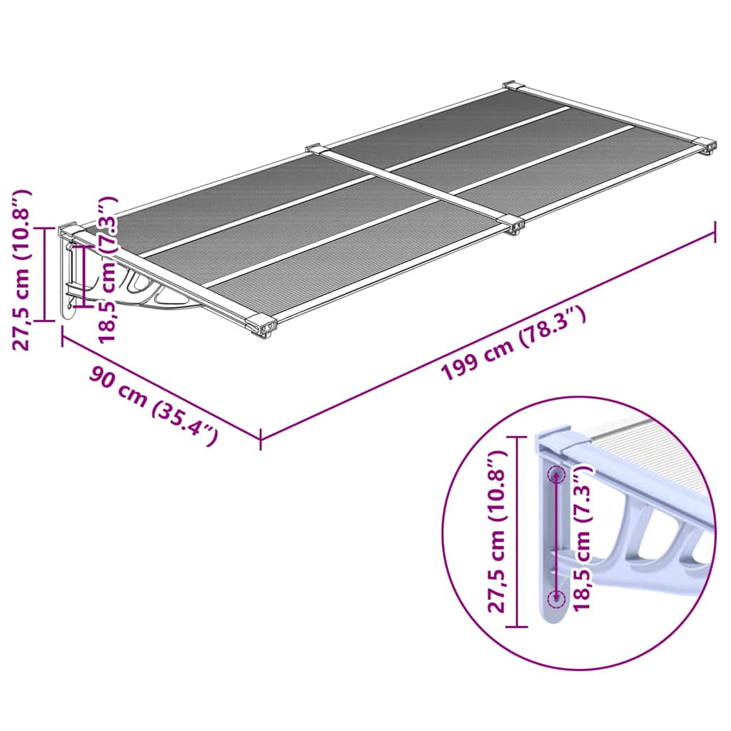 vidaXL Door Canopy Grey and Transparent 199x90 cm Polycarbonate 6