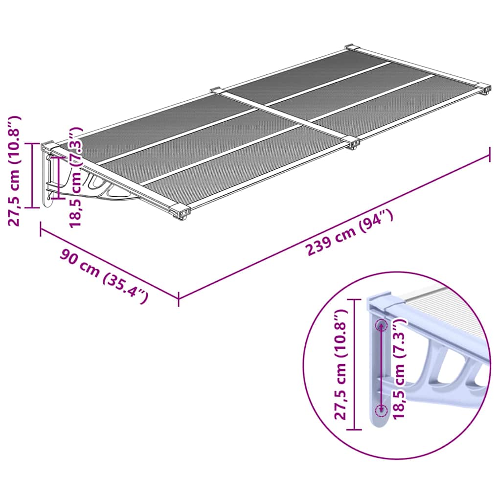 vidaXL Door Canopy Grey and Transparent 239x90 cm Polycarbonate 6