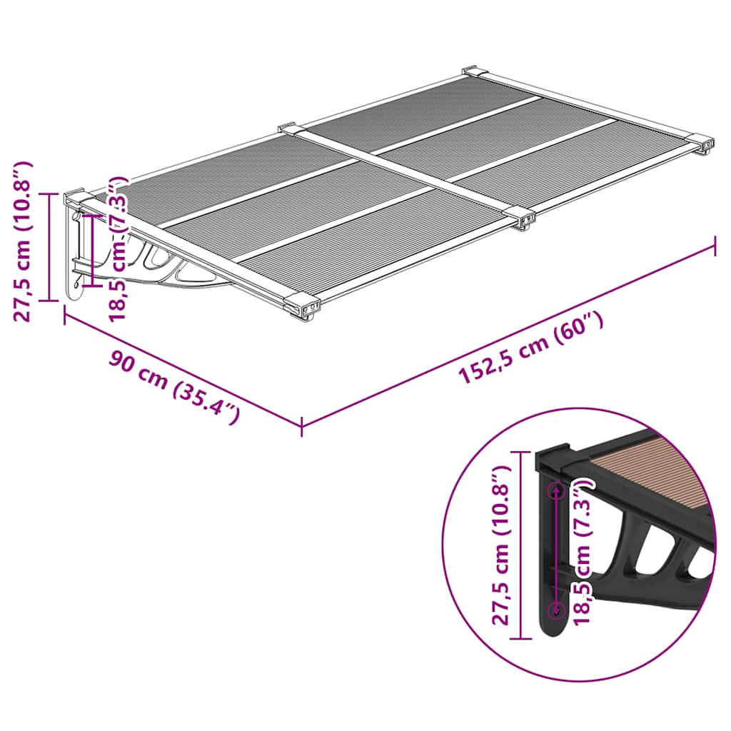vidaXL Door Canopy Black 152,5x90 cm Polycarbonate 6