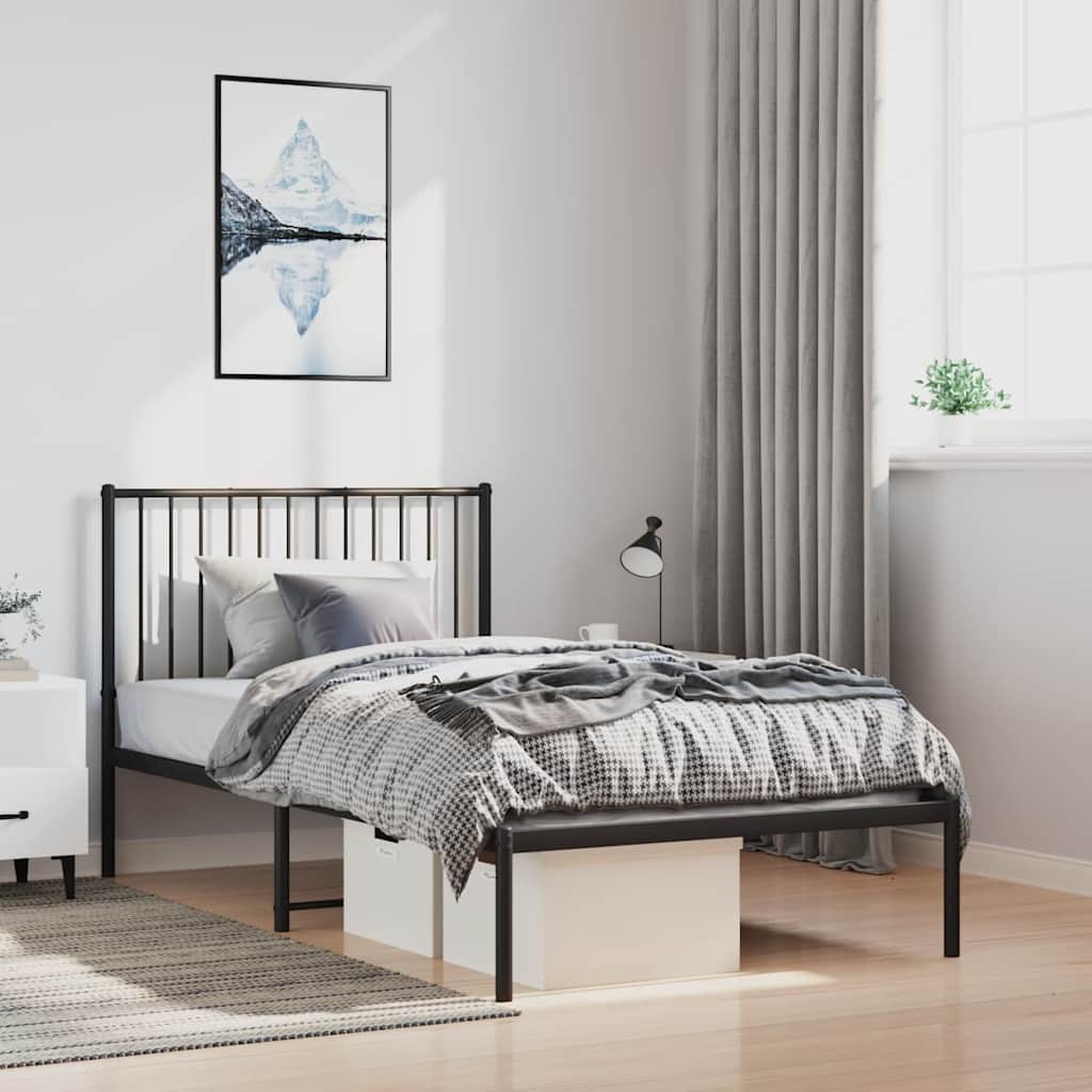 Metal Bed Frame without Mattress Black With headboard 100 cm 190 cm