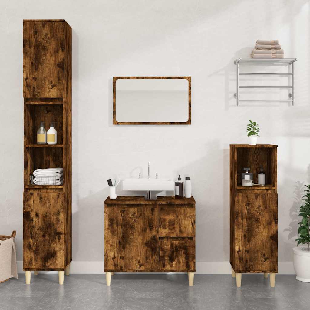vidaXL Bathroom Cabinet | Smoked Oak | Engineered Wood and Solid Eucalyptus Wood 1