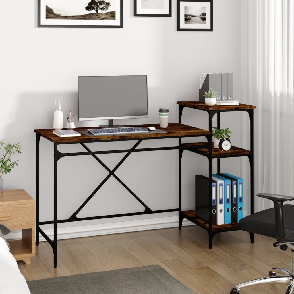 vidaXL Desk with Shelves Smoked Oak 135x50x90 cm Engineered Wood&Iron 3
