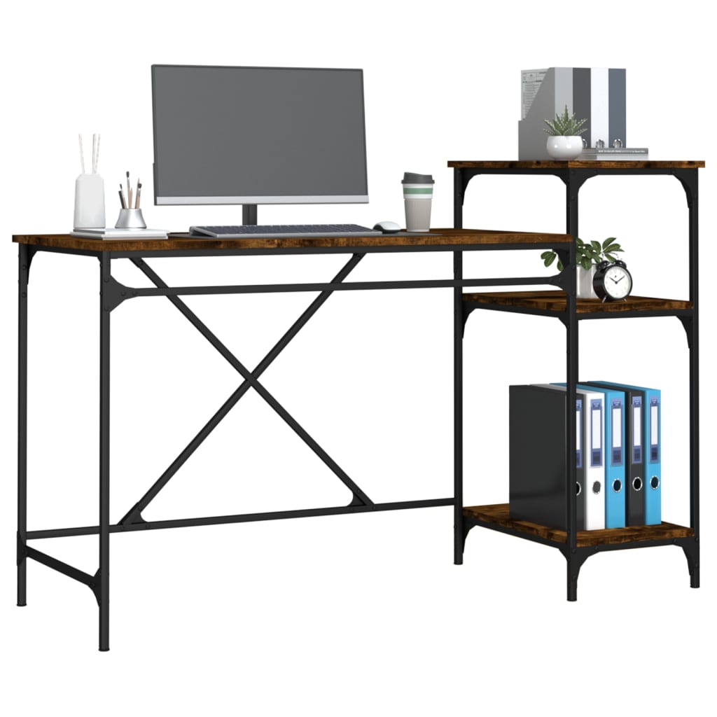 vidaXL Desk with Shelves Smoked Oak 135x50x90 cm Engineered Wood&Iron 4