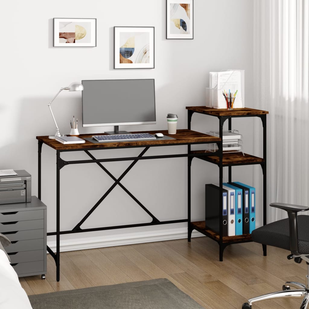 vidaXL Desk with Shelves Smoked Oak 135x50x90 cm Engineered Wood&Iron 1