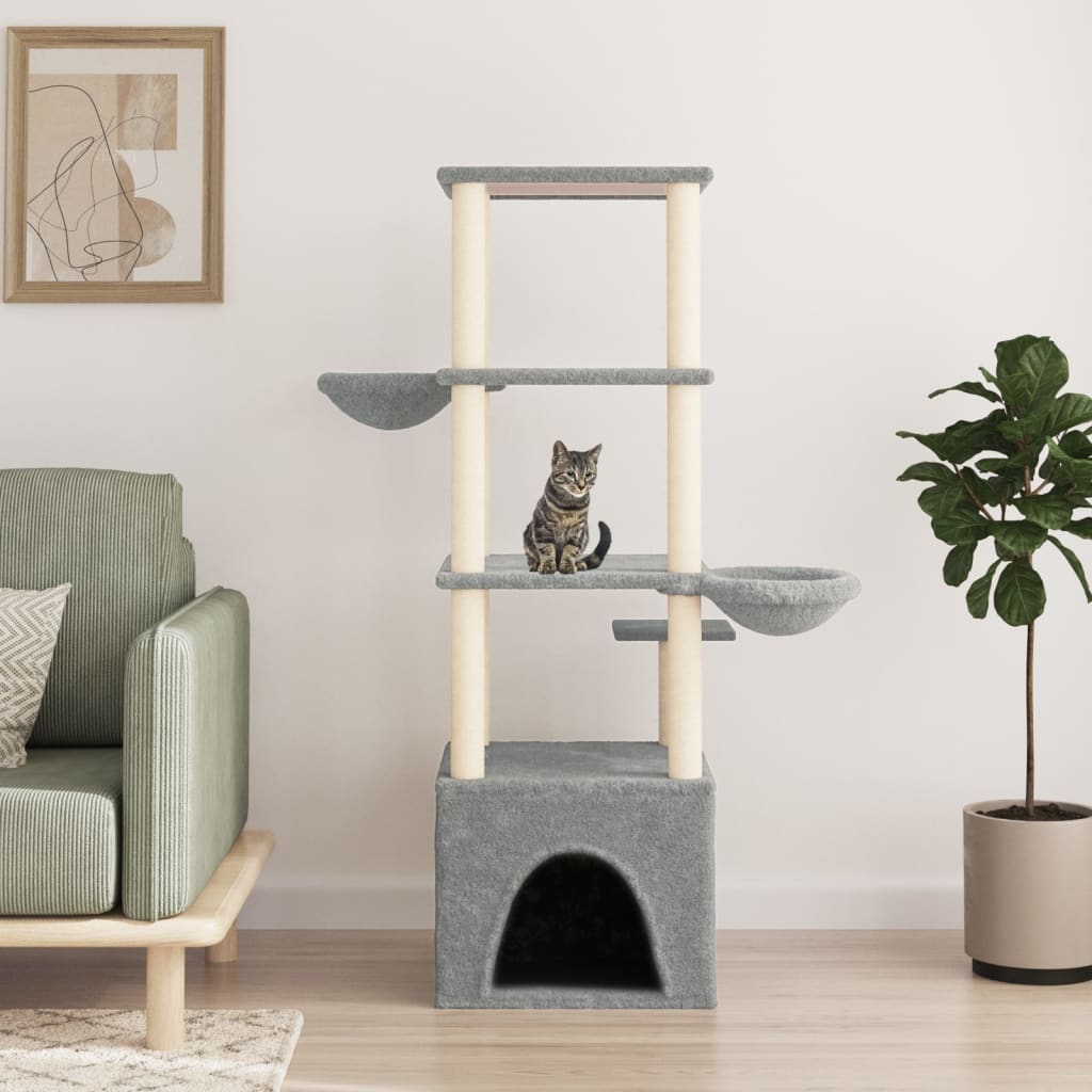 vidaXL Cat Tree with Sisal Scratching Posts Light Grey 147 cm 1