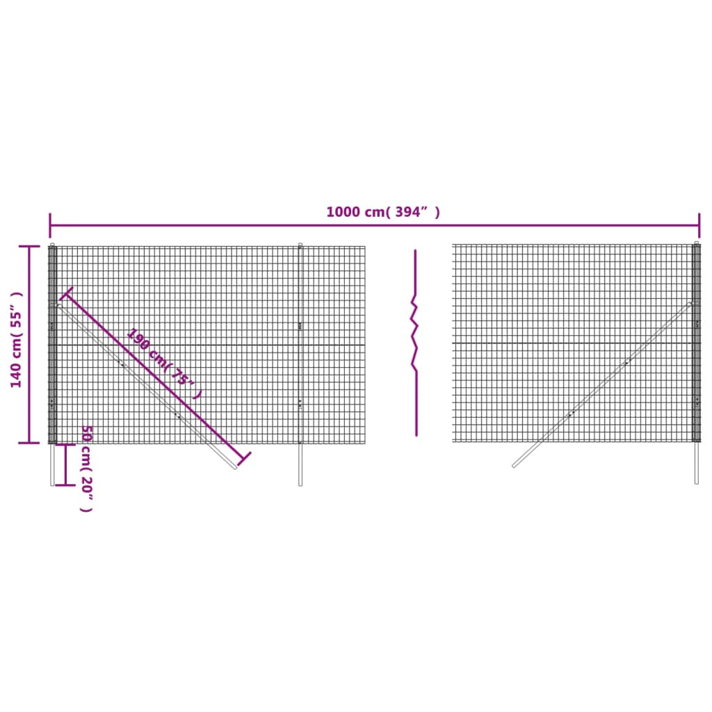 vidaXL Wire Mesh Fence Anthracite 1.4x10 m Galvanised Steel 5