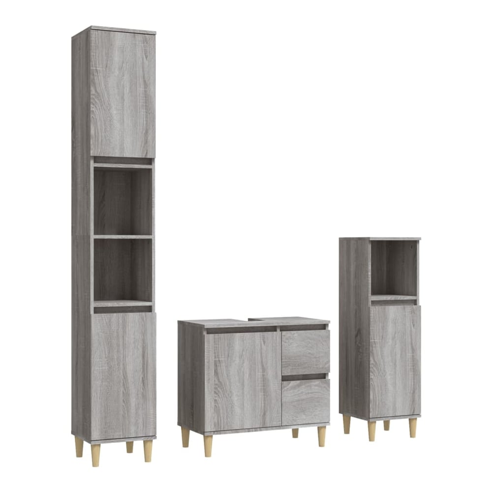 3 Piece Bathroom Cabinet Set Engineered Wood Grey sonoma