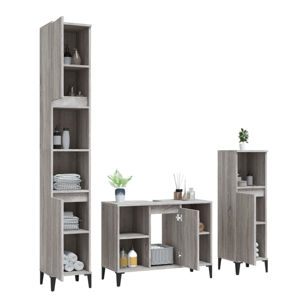 3 Piece Bathroom Furniture Set Engineered Wood Grey sonoma
