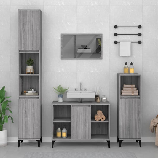 3 Piece Bathroom Furniture Set Engineered Wood Grey sonoma