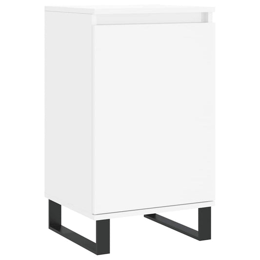 A white engineered wood sideboard with black metal legs, front view