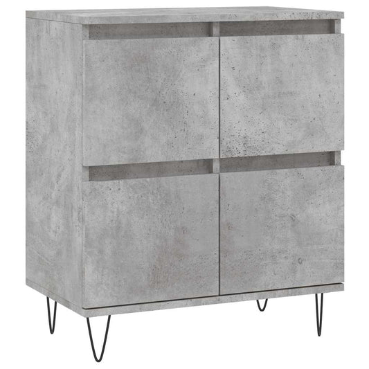 Concrete grey sideboard with four doors and hairpin legs, front view