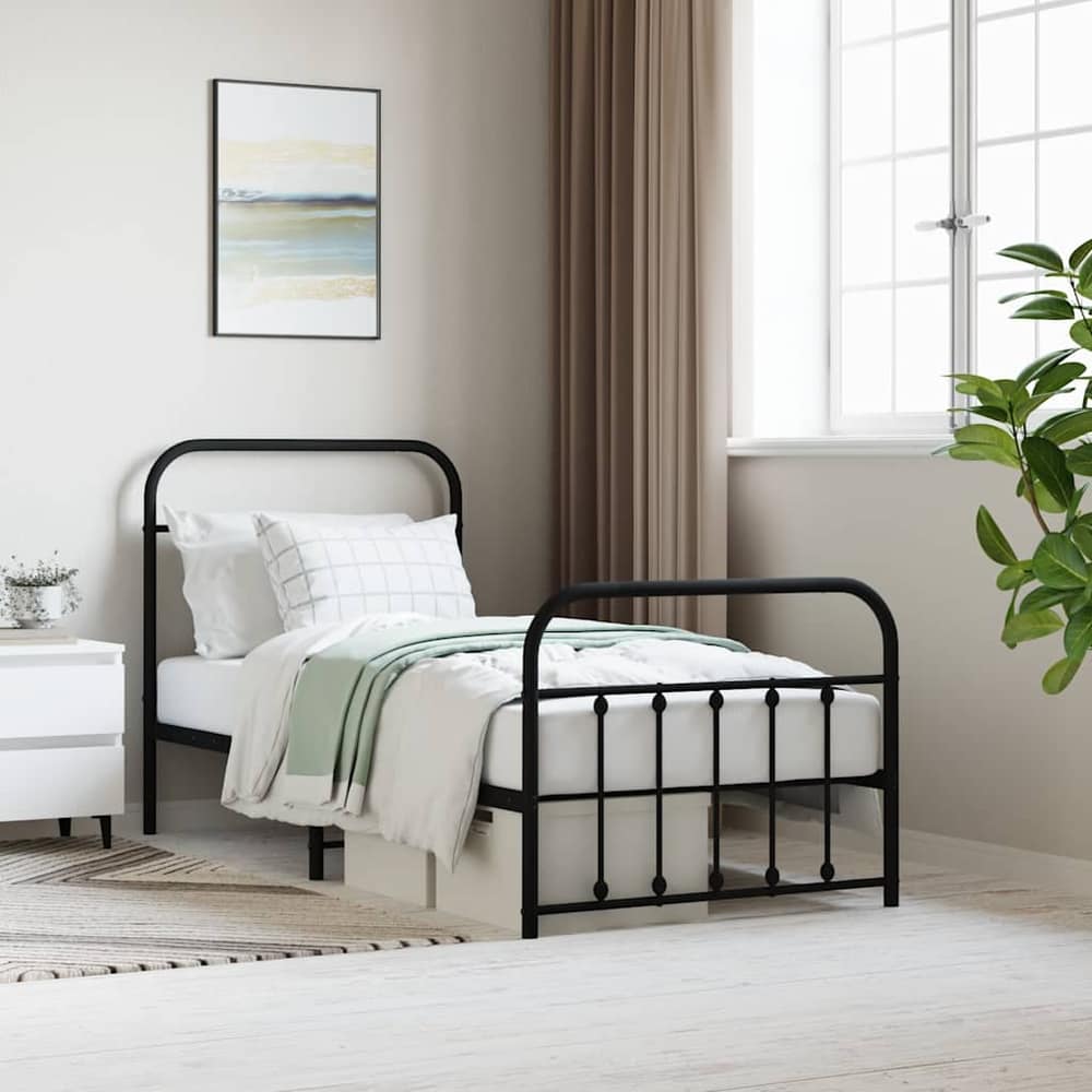 Metal Bed Frame without Mattress with Footboard with Headboard & Footboard Black 90 cm 190 cm