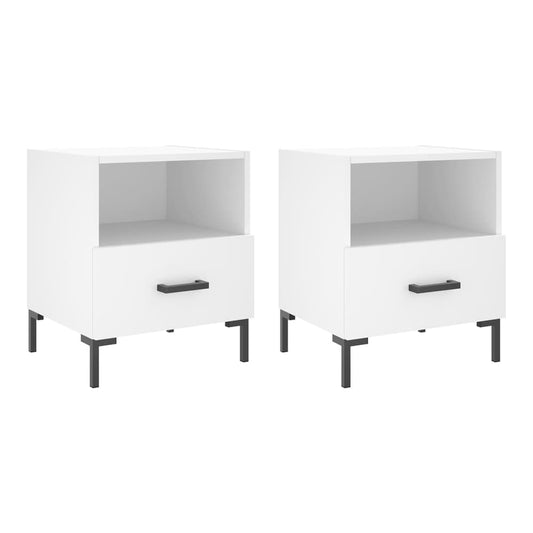 Two white bedside tables with black legs and a single drawer