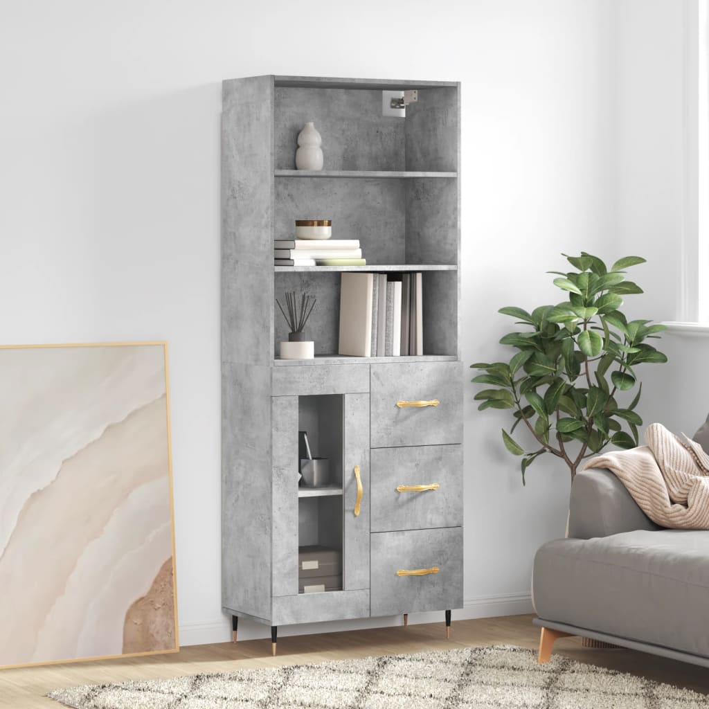 Highboard 69.5x34x180 cm Engineered Wood 1 Glass Door 3 Drawers Concrete grey