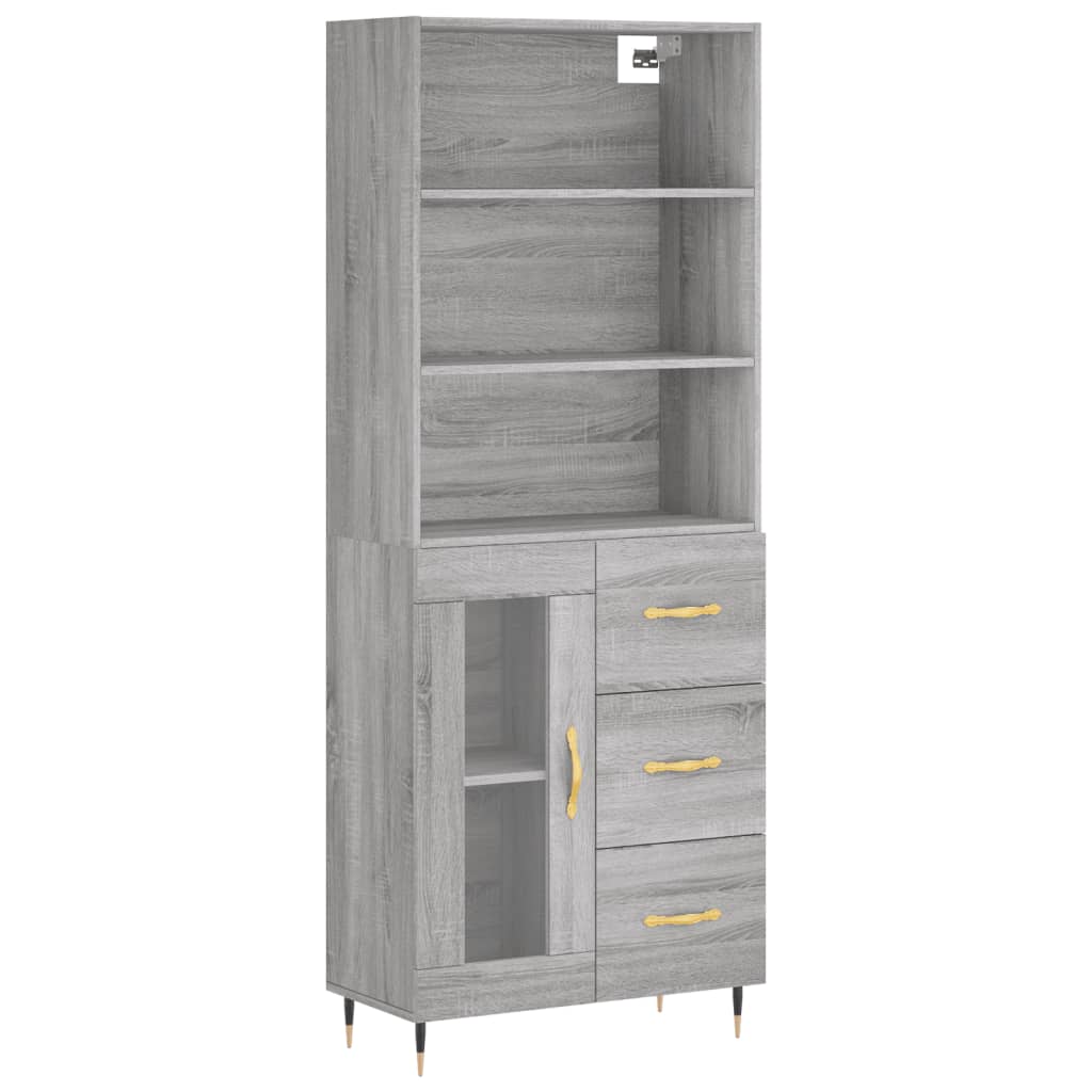 Highboard 69.5x34x180 cm Engineered Wood 1 Glass Door 3 Drawers Grey sonoma