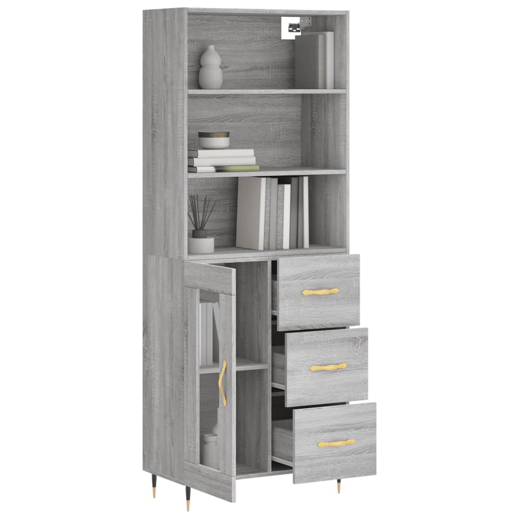 Highboard 69.5x34x180 cm Engineered Wood 1 Glass Door 3 Drawers Grey sonoma