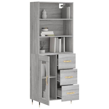 Highboard 69.5x34x180 cm Engineered Wood 1 Glass Door 3 Drawers Grey sonoma