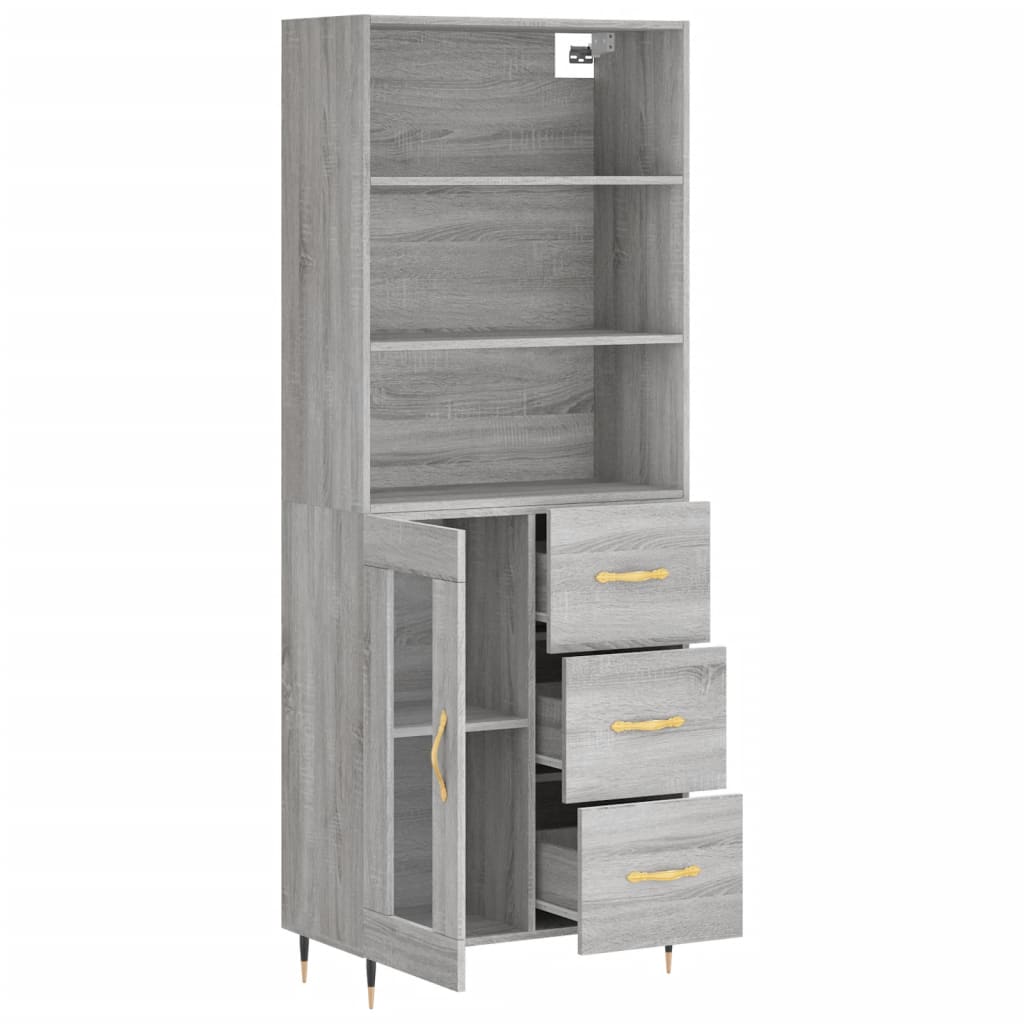 Highboard 69.5x34x180 cm Engineered Wood 1 Glass Door 3 Drawers Grey sonoma
