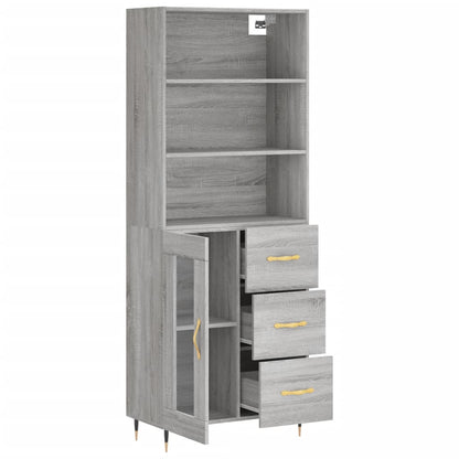 Highboard 69.5x34x180 cm Engineered Wood 1 Glass Door 3 Drawers Grey sonoma