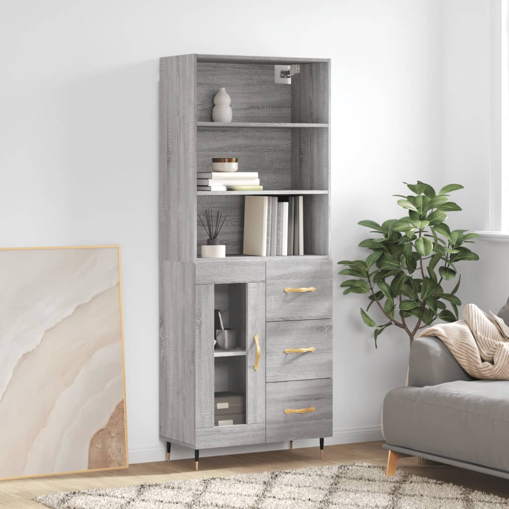 Highboard 69.5x34x180 cm Engineered Wood 1 Glass Door 3 Drawers Grey sonoma