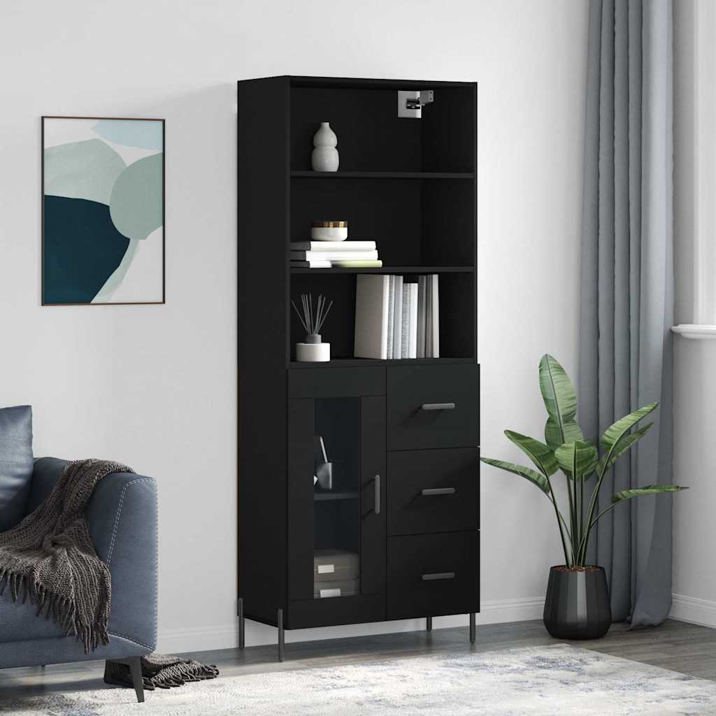 Highboard 69.5x34x180 cm Engineered Wood 1 Glass Door 3 Drawers Black