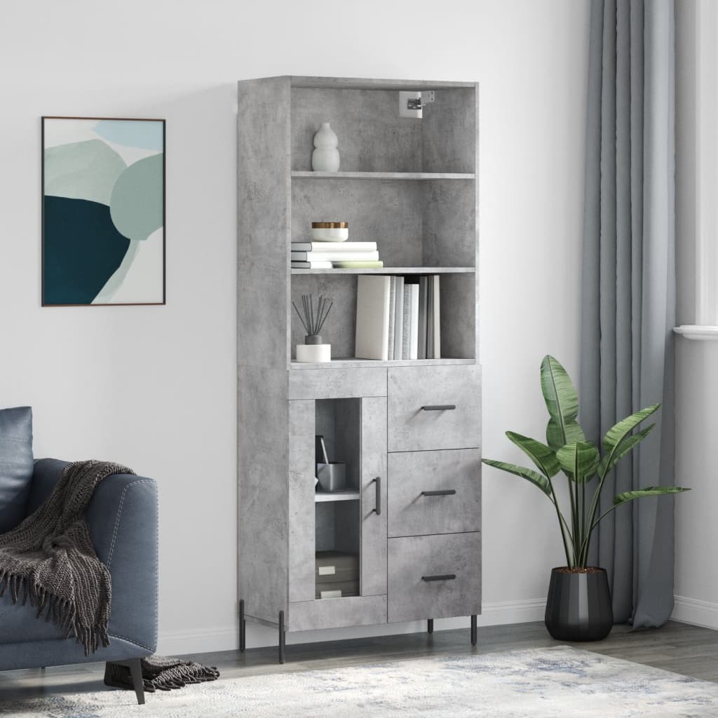 Highboard 69.5x34x180 cm Engineered Wood 1 Glass Door 3 Drawers Concrete grey