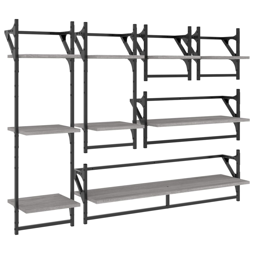 vidaXL 6 Piece Wall Shelf Set with Bars Grey Sonoma Engineered Wood 2
