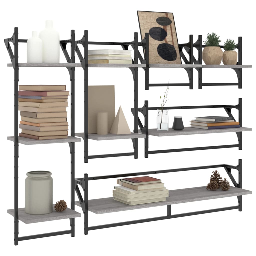 vidaXL 6 Piece Wall Shelf Set with Bars Grey Sonoma Engineered Wood 3