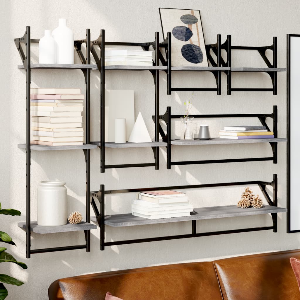 vidaXL 6 Piece Wall Shelf Set with Bars Grey Sonoma Engineered Wood 1